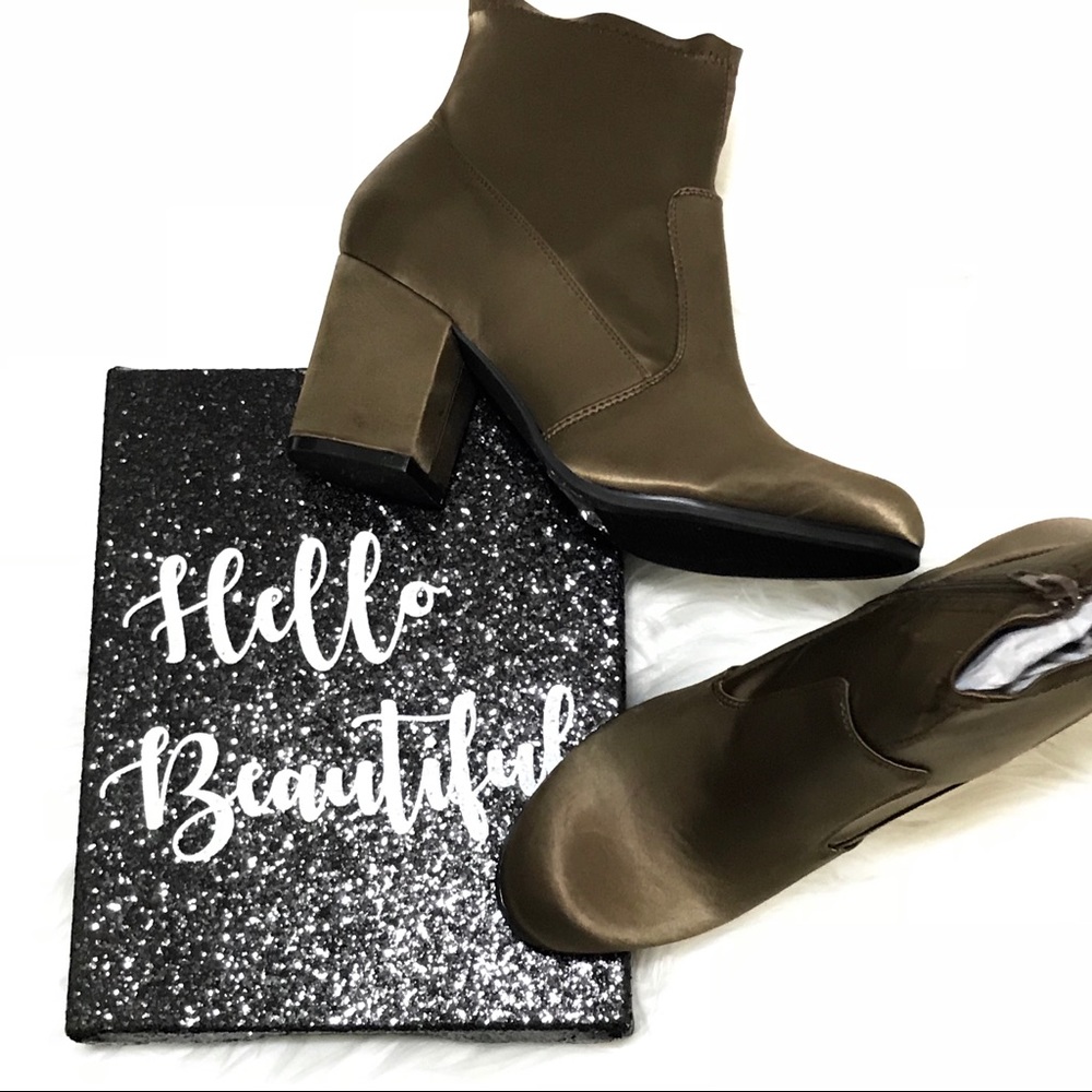 brown satin block heel booties
